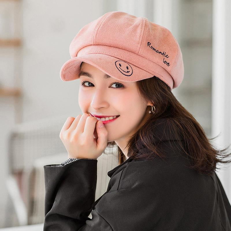 Topi Baret Bordir Senyum Katun Lucu untuk Wanita Topi Oktagonal Versi Korea Impor