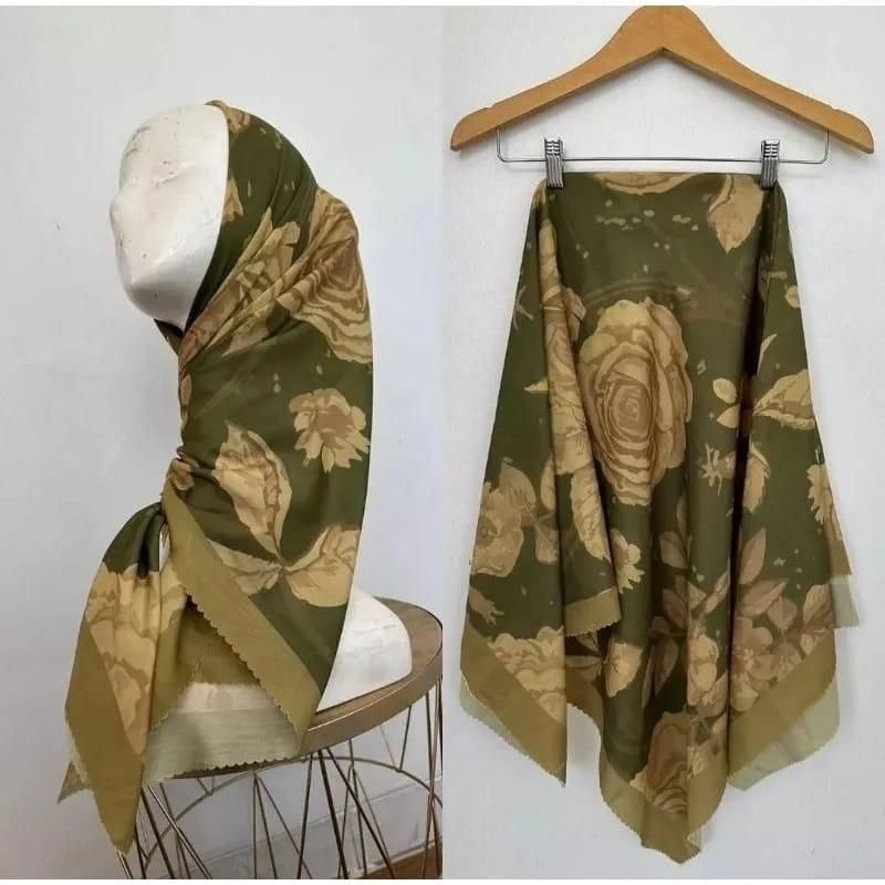 Hijab Segi Empat Voal Sublime Motif Flower Warna Hijau Army Kerudung Jilbab Terbaru
