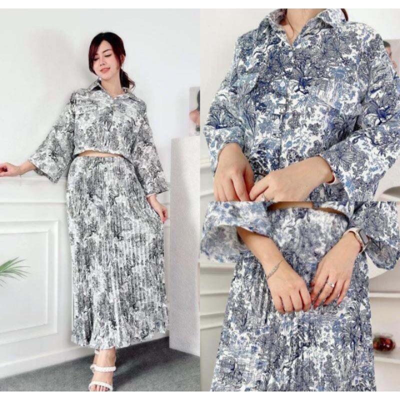 One set Fuji viral vintage kameja crop & rok plisket