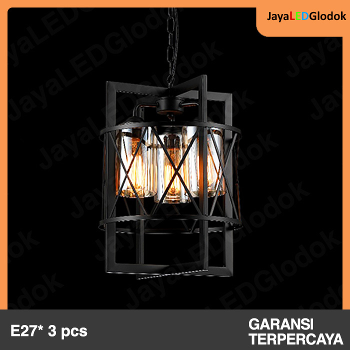 Lampu Gantung Industrial Retro Cafe 3 Bohlam Persegi