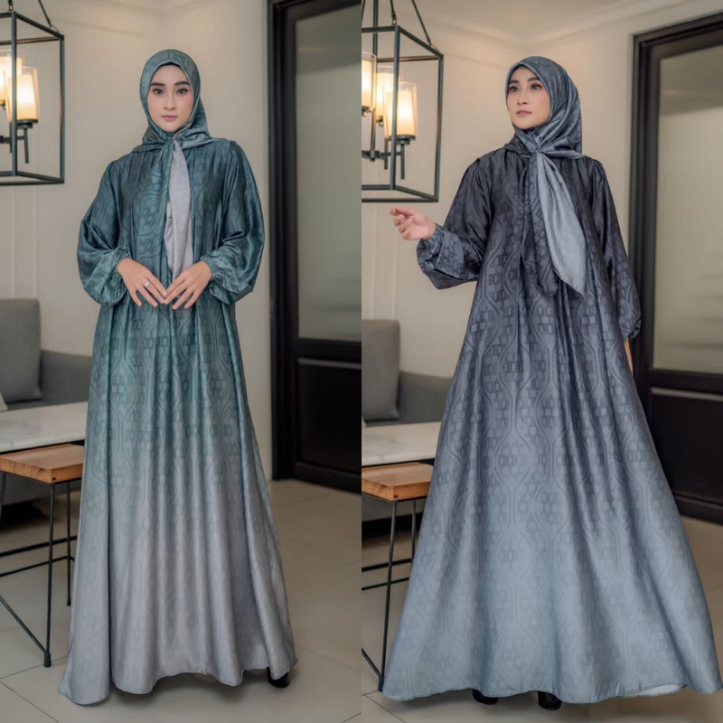 gamis dress set scarf dinar hijab jilbab motif printing abstrak gradasi halus lembut cantik keren me