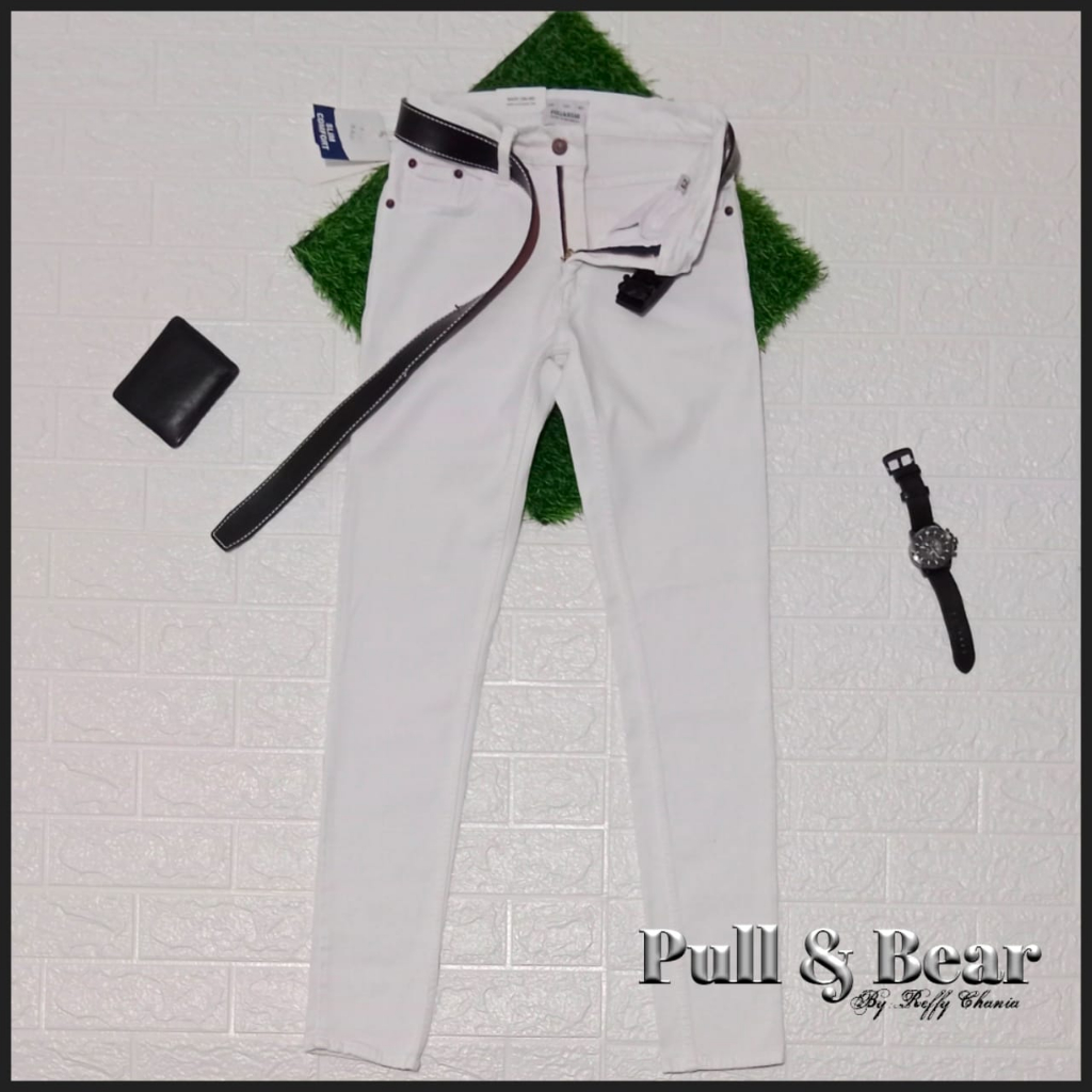 Pull&Bear Celana Soft Jeans Streetch Panjang Slimfit Putih Pria Dewasa Bayar Ditempat