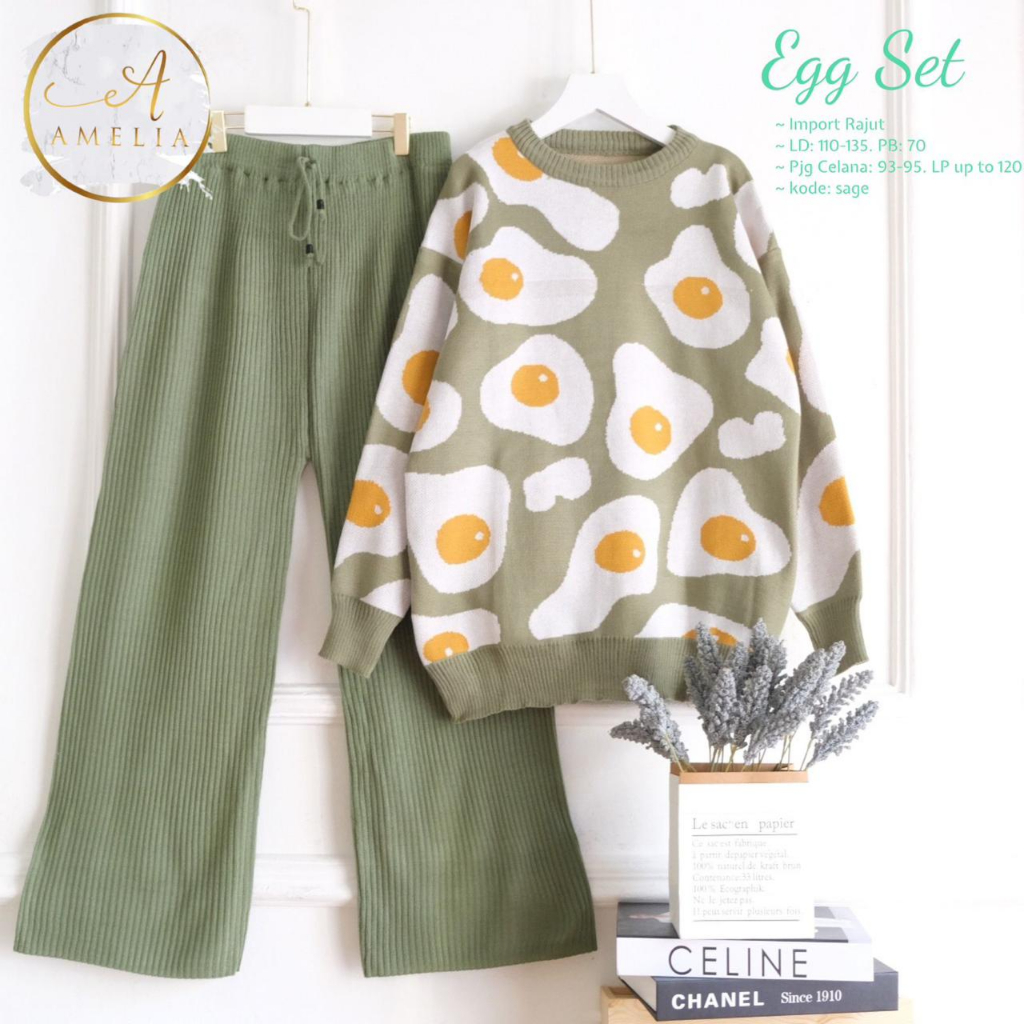 EGG SET ONESET RAJUT IMPORT PREMIUM JUMBO OVERSIZE SETELAN BAJU WANITA BLOUSE DAN CELANA KULOT SETCE