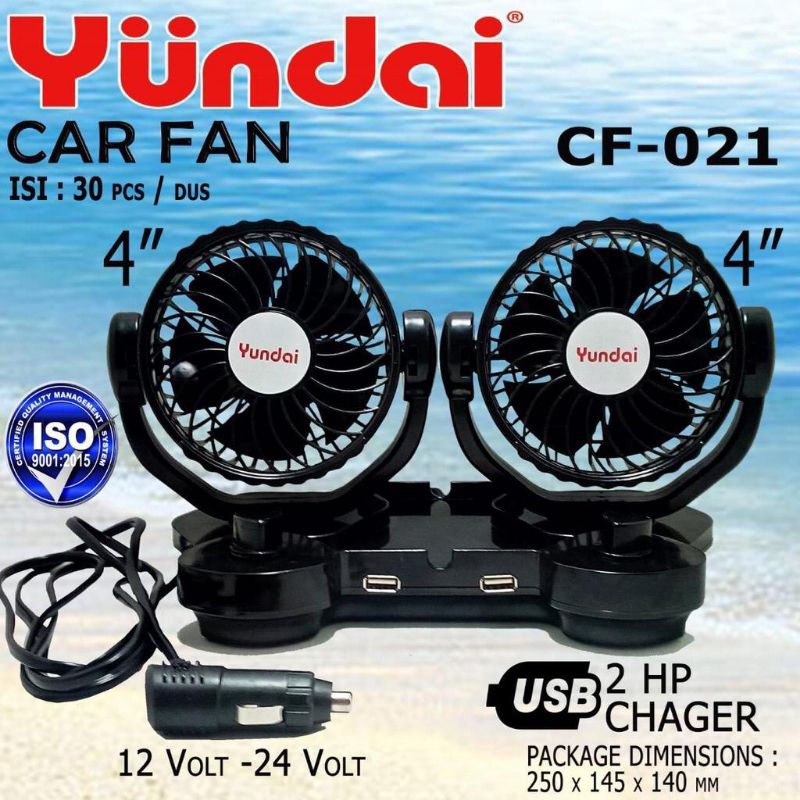 YUNDAI KIPAS ANGIN MOBIL 2 KIPAS, 2 USB DC 12VOLT-24 VOLT