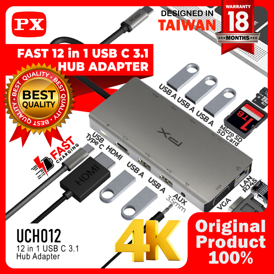 Converter Hub Adapter PX UCH012 12 in 1 Type C 3.1 to HDMI 4K USB VGA