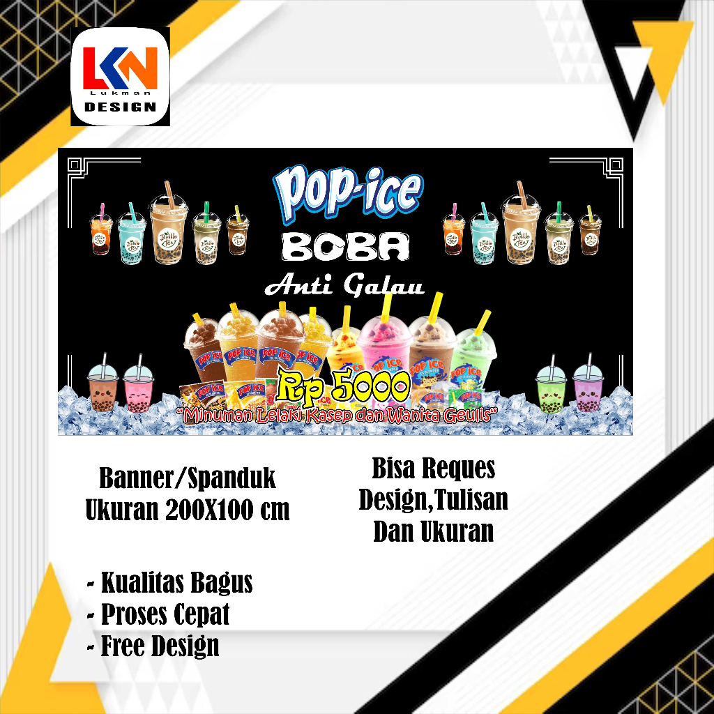 spanduk banner pop ice boba anti galau uk, 200x100cm