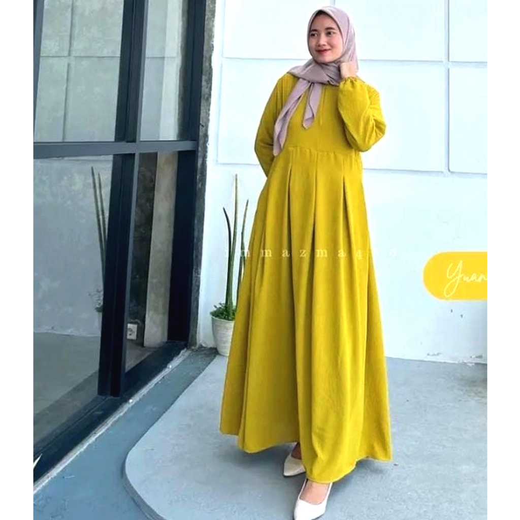Dress Formal / Gamis Ibu Simpel Warna Kuning Lemon Lime Polos LD 100 110 120 130 XXL XXXL 3XL Cantik