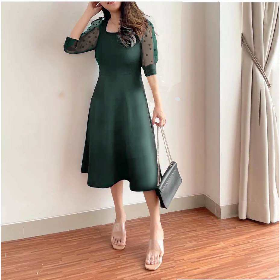 DRESS SPAN MIDI SCUBA MIYA LENGAN TILE POLKADOT OUTFIT WANITA DEWASA REMAJA TERBARU KONDANGAN VIRAL