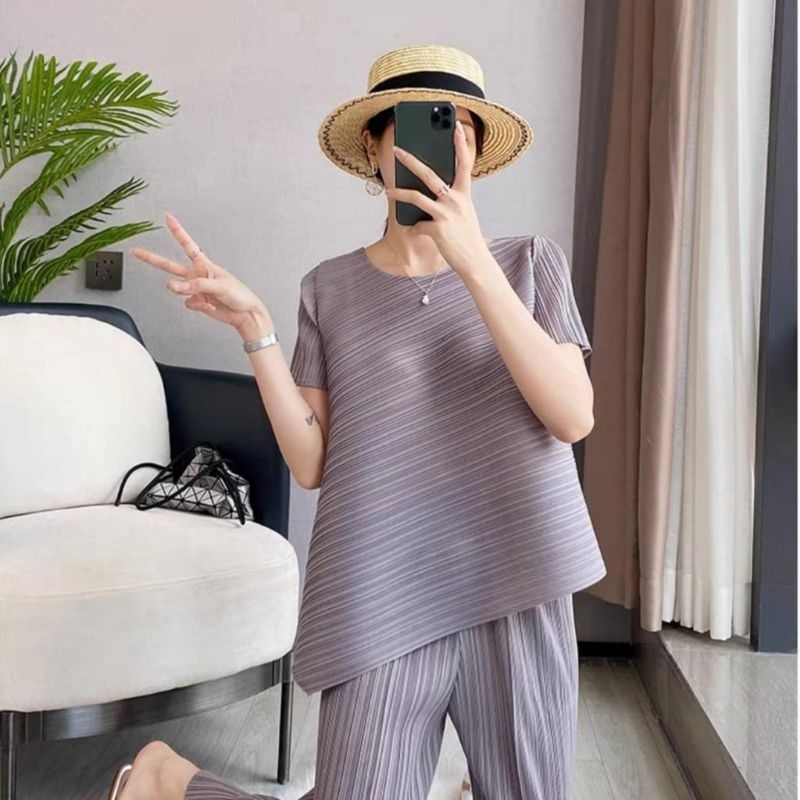 2441 Atasan baju blus blouse lengan pendek plisket polos polyster fiber keren murah trenndy koreanlo