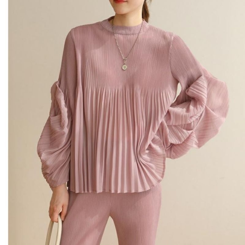 2448 Atasan baju blus blouse kemeja lengan panjang plisket turtel neck polos gaya korea bahan polyst