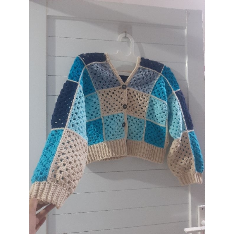 Cardigan Rajut croptop dewasa, sweeter rajut, Granny Square Cardigan bisa custom warna