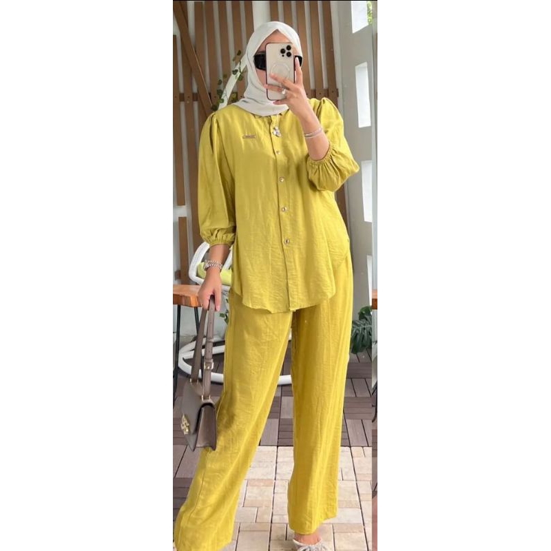 setelan celana polo linen kancing gold jahitan super rapih bisa cod |Nazla hijab by pertiwie