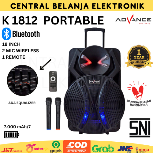 ADVANCE SPEAKER AKTIF PORTABLE BLUETHOOTH 18 INCH K1812 BONUS 2MIC WIRELESS