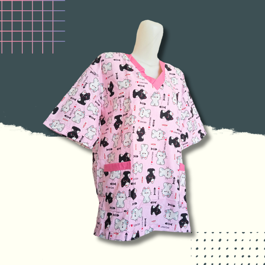 BAJU PRAKTEK DOKTER HEWAN WARNA PINK MEOWCAT VET SCRUB MOTIF KUCING MOTIF MENARIK BAJU PRAKTEK DOKTE