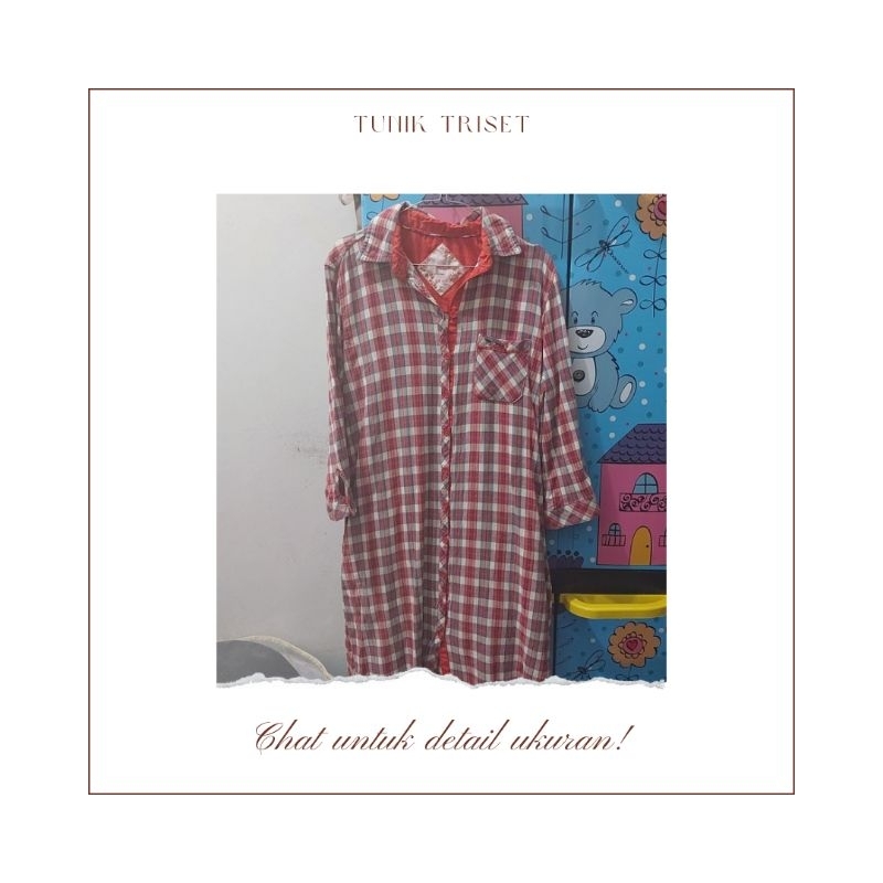Preloved Tunik Triset Kotak Merah Kemeja Wanita Long Tunik