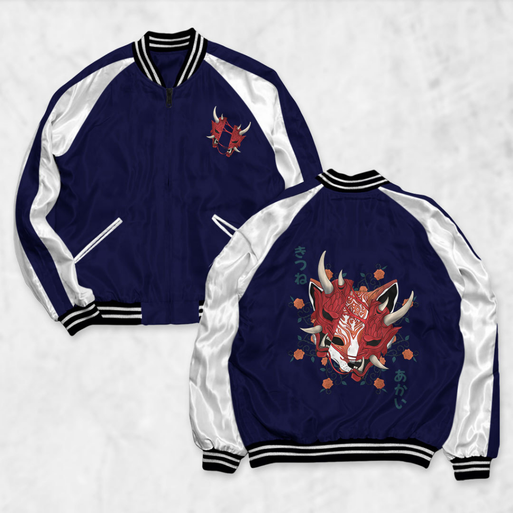 RisRus Apparel - Jaket Sukajan ONI KITSUNE Sablon Jaket Pria Wanita Distro Unisex Japan Premium Orig