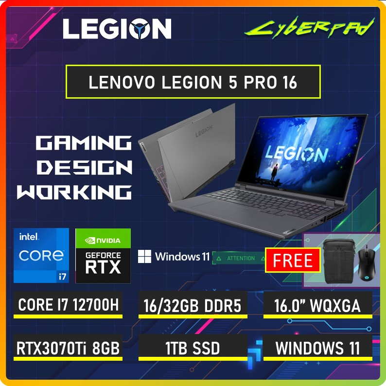 LAPTOP GAMING LENOVO LEGION 5 PRO 16 VGA NVIDIA RTX3070TI 8GB CORE I7 12700H RAM 32GB 1TB SSD 16 INCI WQXGA 240HZ