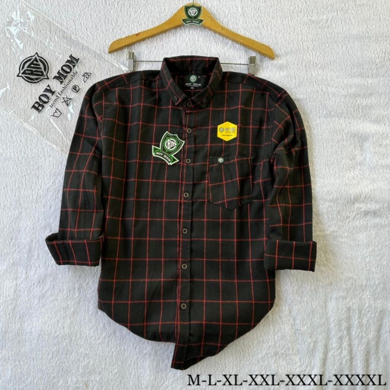 Kemeja Flanel Pria Lengan Panjang Kemeja Flanel Wanita Lengan Panjang Dimensi Hitam Garis Merah