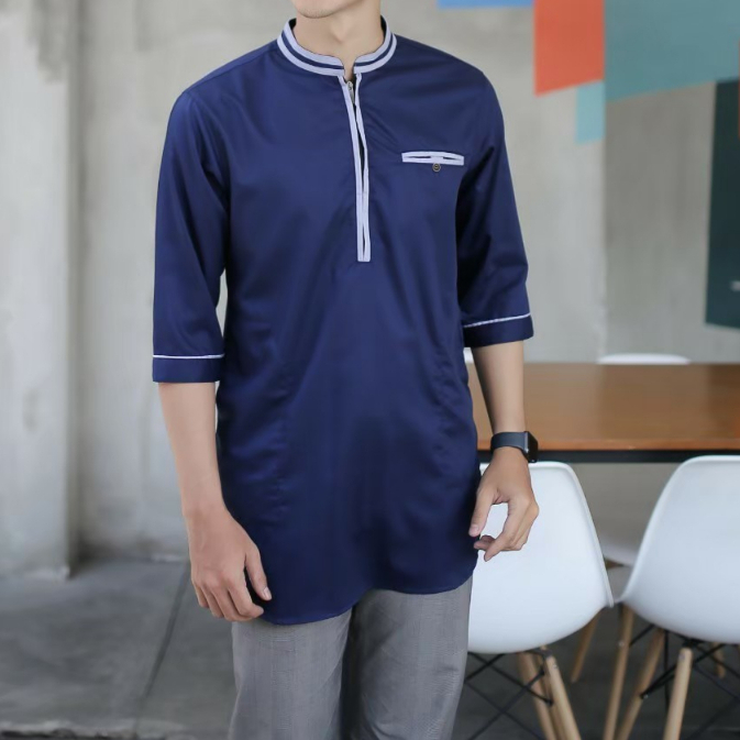 𝐅𝐋𝐘 𝐈𝐃 Koko Kurta Pria Dewasa Zipper Lengan 3/4 Warna Navy Blue