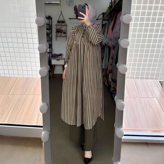 ONE SET LONG TUNIK KEYLA MILOVA MOTIF SALUR - SETELAN TUNIK MILOVA MOTIF GARIS CELANA CRINKLE PREMIU