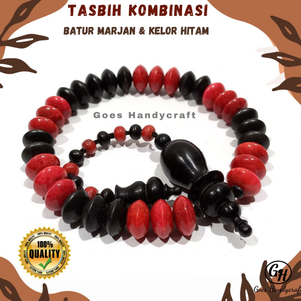 Tasbih Batu marjan Kombinasi Kayu eboni kayu Hitam Model pipih roda ASLI Original