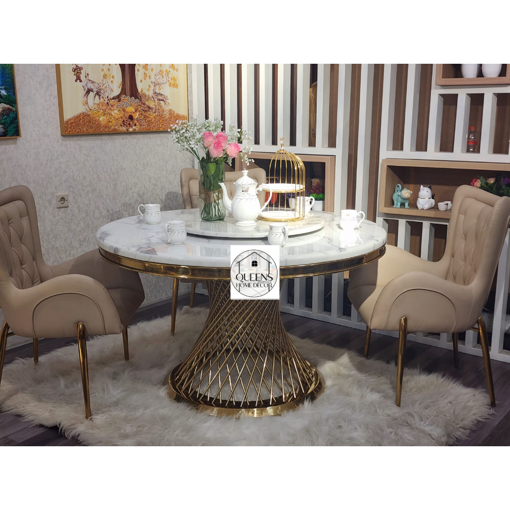 Meja makan marmer bulat  (Round) kaki Gold Stainless anti karat
