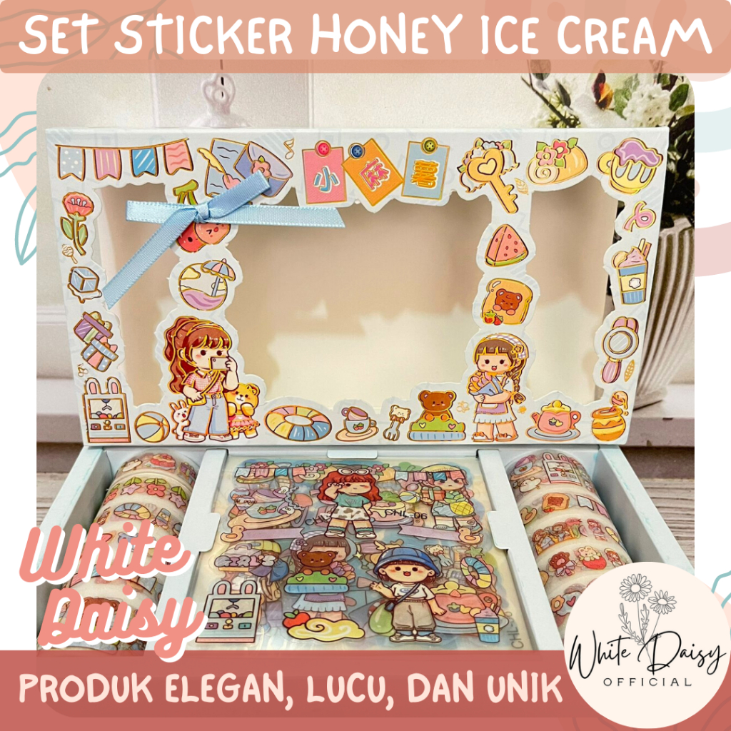 

Set sticker dan washi tape honey ice cream lucu imut hadiah gift unik