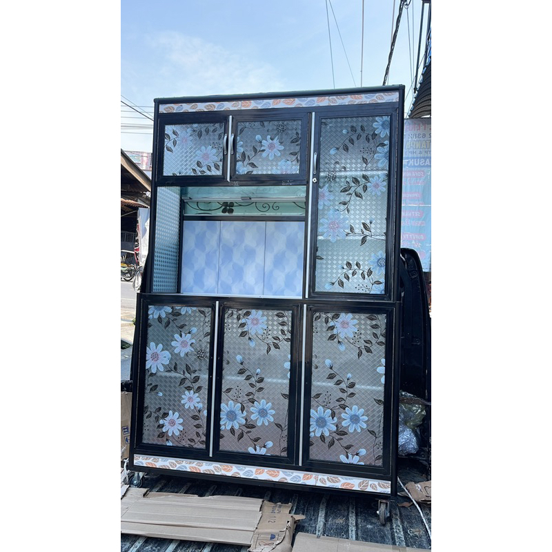 Lemari Rak Piring Premium 3 Pintu Keramik Roda