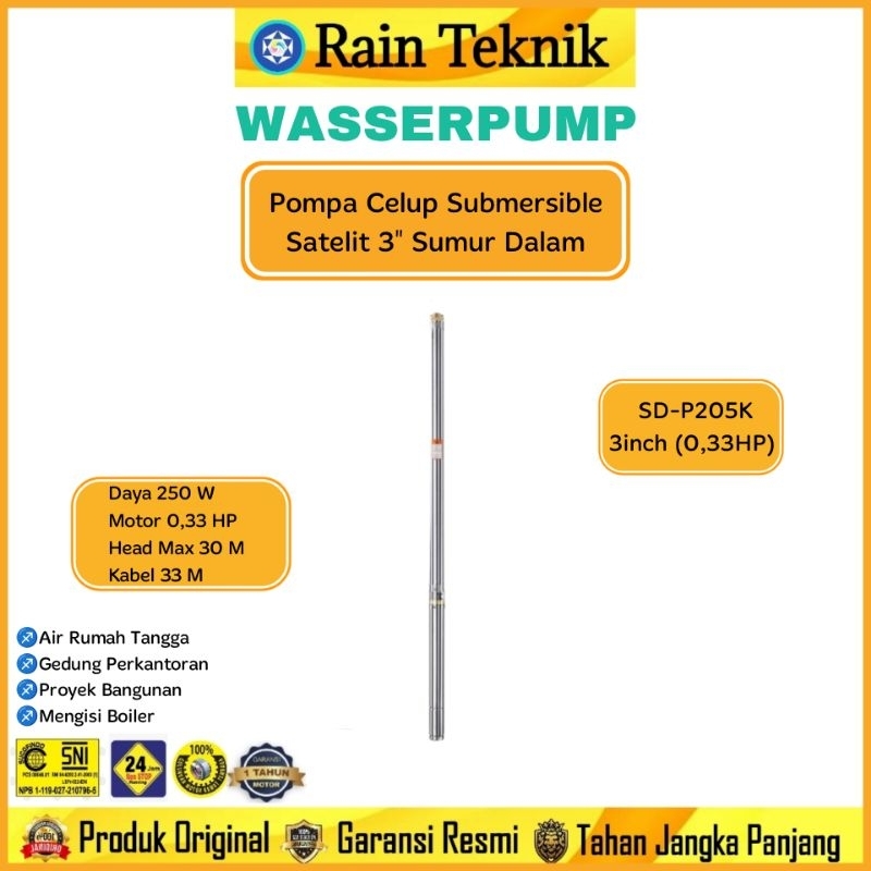 Pompa Celup Satelit WASSER SD- P205K (2" & 0.33HP + Kabel 33M) Sumur Dalam / Pompa Celup Satelit WAS