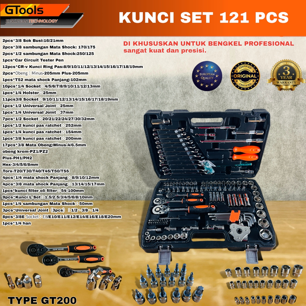 PROMO Kunci ring pas set socket shock sok L bintang obeng toolkit GTOOLS Eropa GT200 121pc rachet wr