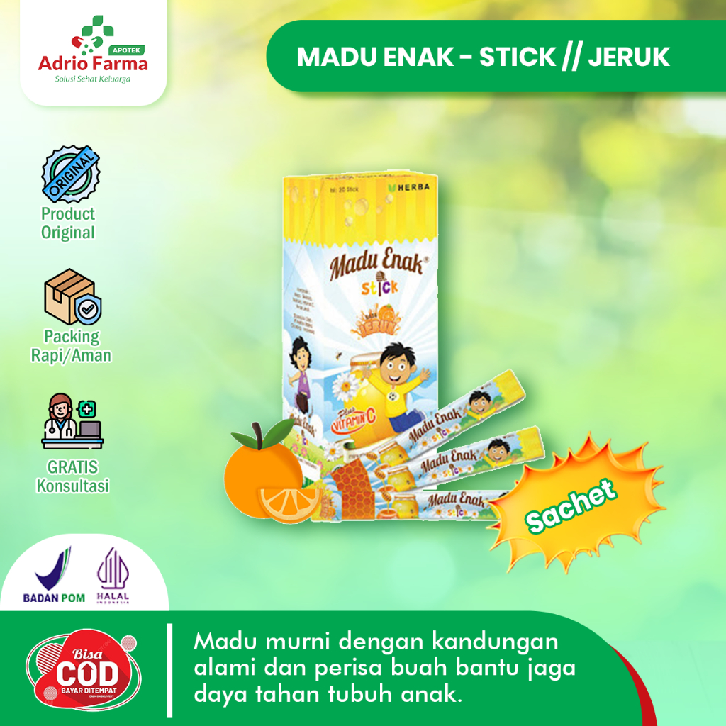 

MADU ENAK - STICK Rasa JERUK - Sachet @ 15g - Madu Sachet Perisa Buah untuk Anak