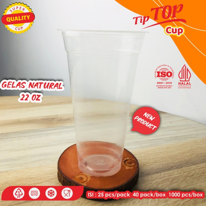 Gelas Plastik 22 oz / Cup Tiptop 10oz / Gelas Plastik Datar Gelas Natural 25 pcs (tanpa tutup)