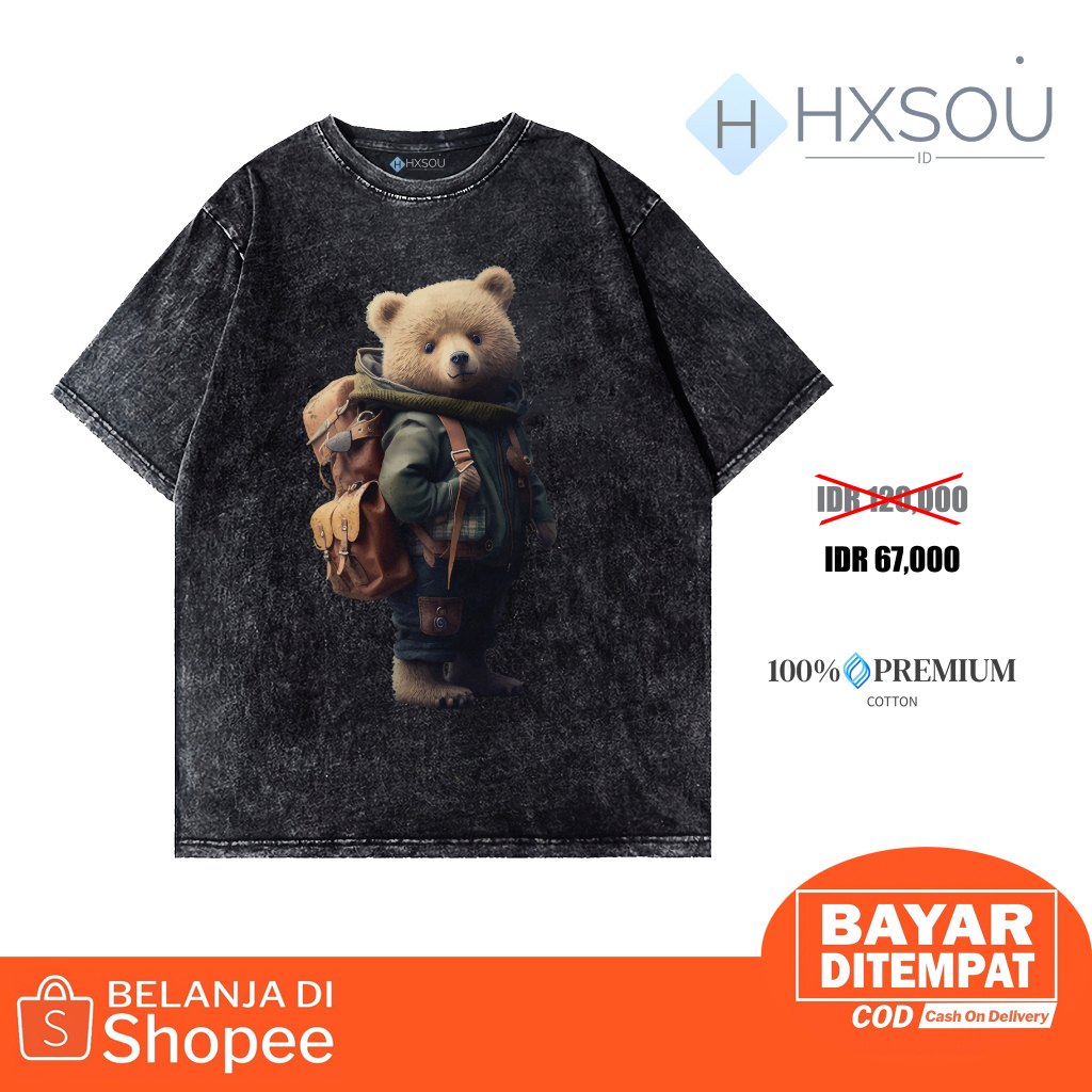Hxsou T-shirt Oversize Unisex Washed / Baju Kaos Oversize Wash Bear C31
