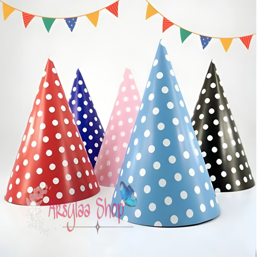 TOPI KERUCUT POLKADOT ULANG TAHUN BESAR ISI 10Pcs Topi Folkadot Kerucut Birthday Cone Party Hat