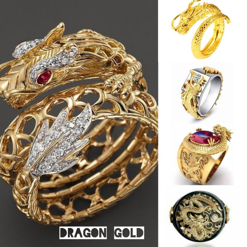 Cincin pria tengkorak punk style men ring gold dragon series