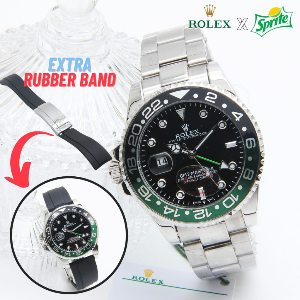 {COD} Terbaru ROLEX GMT Master 2 Sprite Jam Tangan Sport - Tali Rantai Extra Tali Rubber Band Rolex 