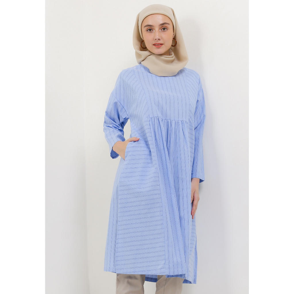 MFMW Ababil Midi Dress Biru Motif Salur