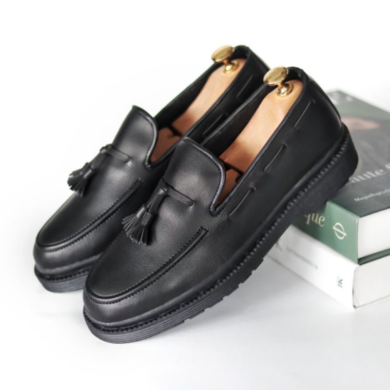 RA MANAGE A006 - Sepatu Slip On Formal Pria Kulit Premium FullBlack || Sepatu Kerja Kantor Cowok Hit