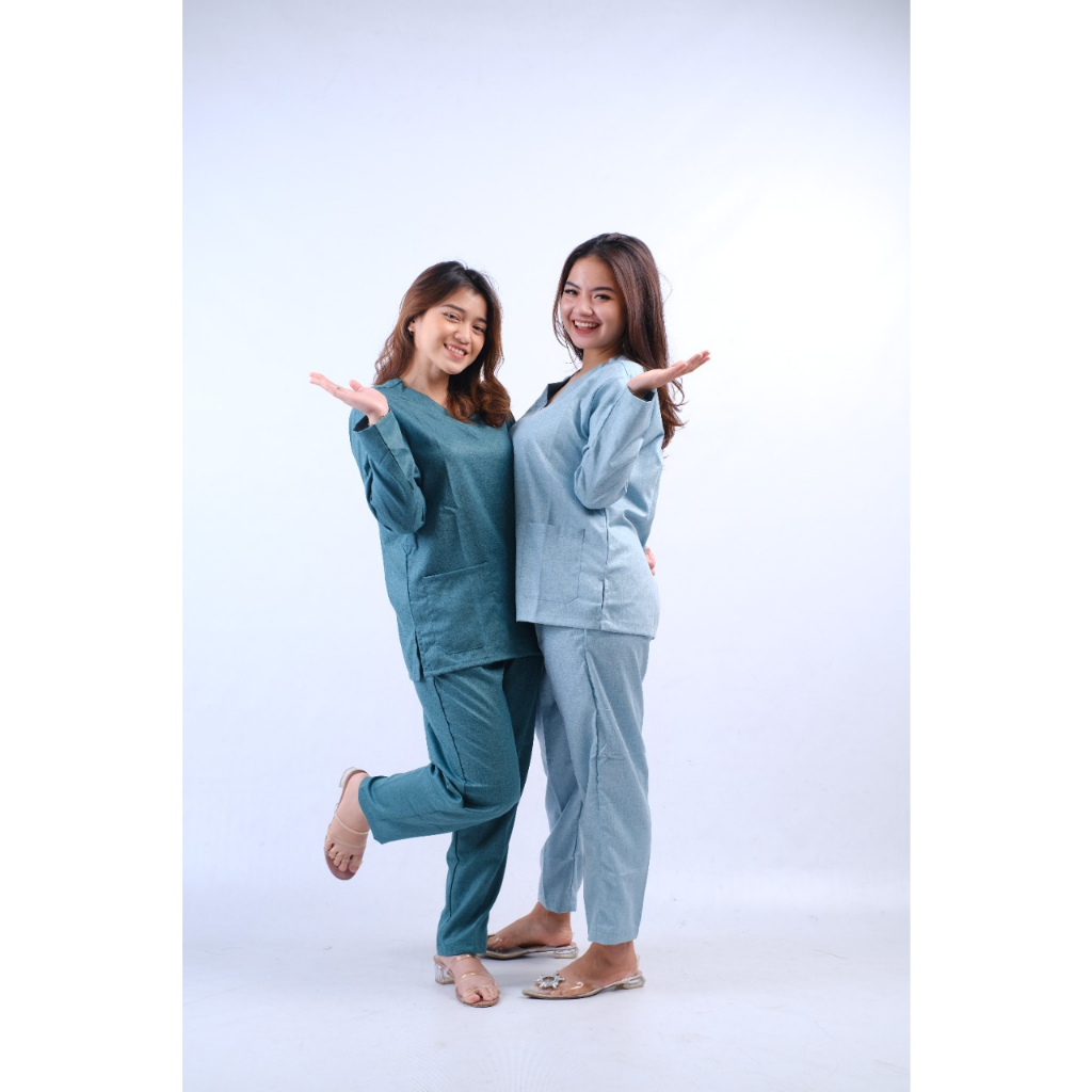 Baju Ok Jaga Lengan Panjang Denim Series Two Tone One Set | Medical Scrub Perawat Dokter Bidan Nakes