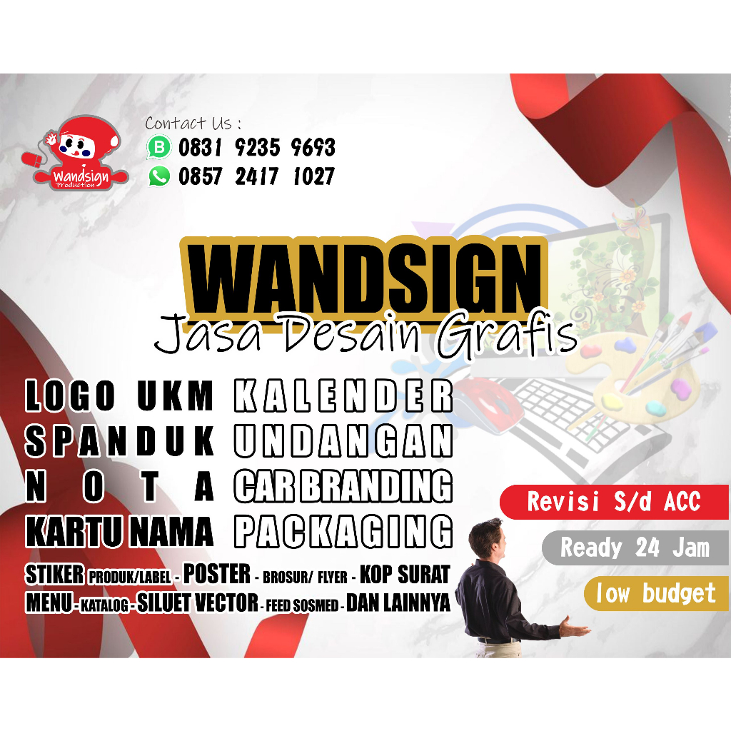 

JASA DESAIN MURAH CEPAT, MOCK UP PRODUK, DESAIN LOGO, KEMASAN, KAOS, SPANDUK, LABEL, DLL