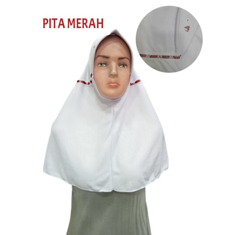 Bergo Sekolah Serut Pita Merah,Putih Dan Coklat
