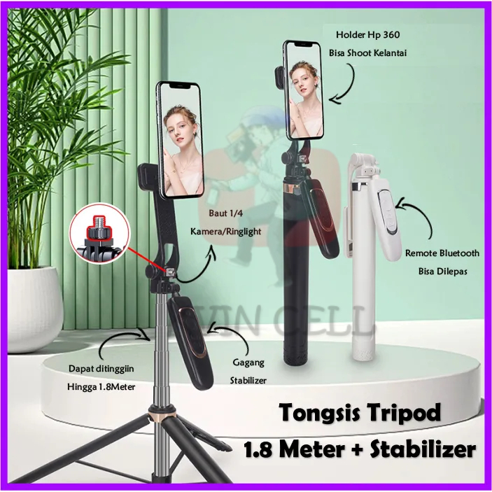 KV JC26 Tongsis Tripod Stabilizer Hp 180cm 1,8 Meter Bluetooth 3 in 1 Selfie Stick Remote Handphone 