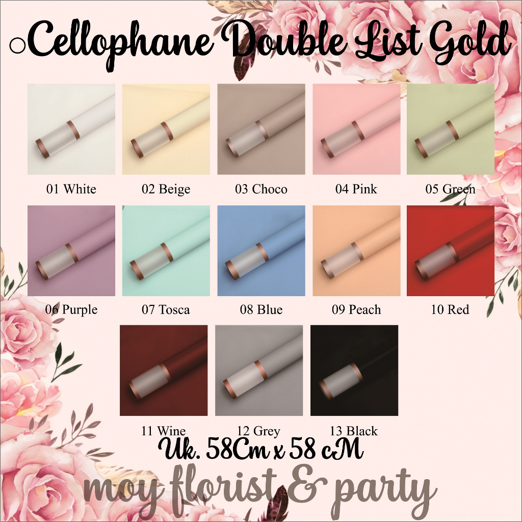

(20 Lembar) Kertas Buket Cellophane Double Rose Gold Border Flower Wrapping / Celophane Double List Rose Gold