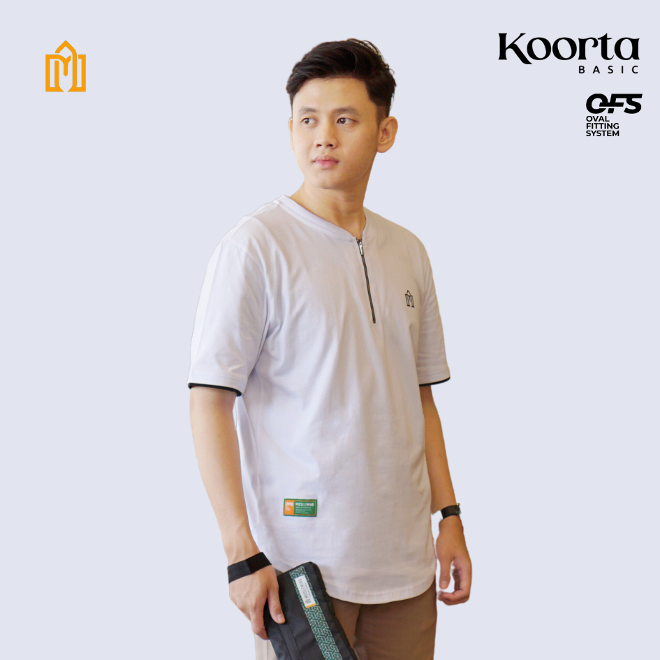 Baju Kaos Kurta Pria Dewasa Islami Premium Lengan Pendek tersedia Jumbo - Koorta Zipper - Putih