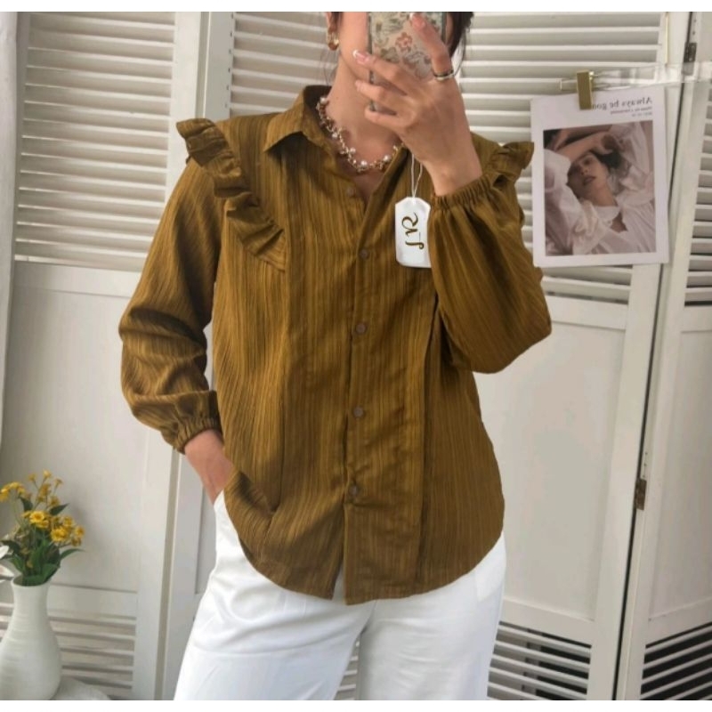 Ruffle Blouse Wanita Ruffle Crinkle Shirt Kemeja Peplum Baju Kantor Formal Kerja Cewek Kemeja Ruffle BabyDoll Tangan Panjang Kemeja Basic Polos Atasan Wanita Lengan Panjang Kancing Depan Longsleeve Shirt Casual shirt