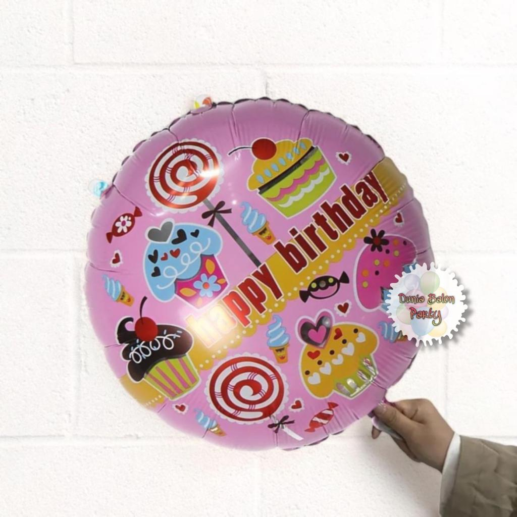 Balon Foil Bulat Cupcake / Balon Happy Birthday Motif Cupcake