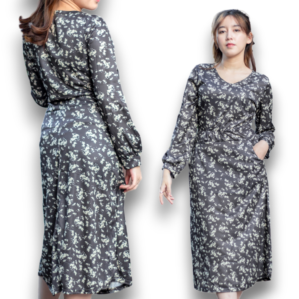 Dress Santai Wanita Hitam Bunga-Bunga Dress hijab non Hijab