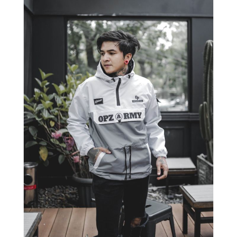 JOJO X OPZ / Jaket Cagoule Pria Opz Army Putih Abu / Jaket Kantong Doraemon