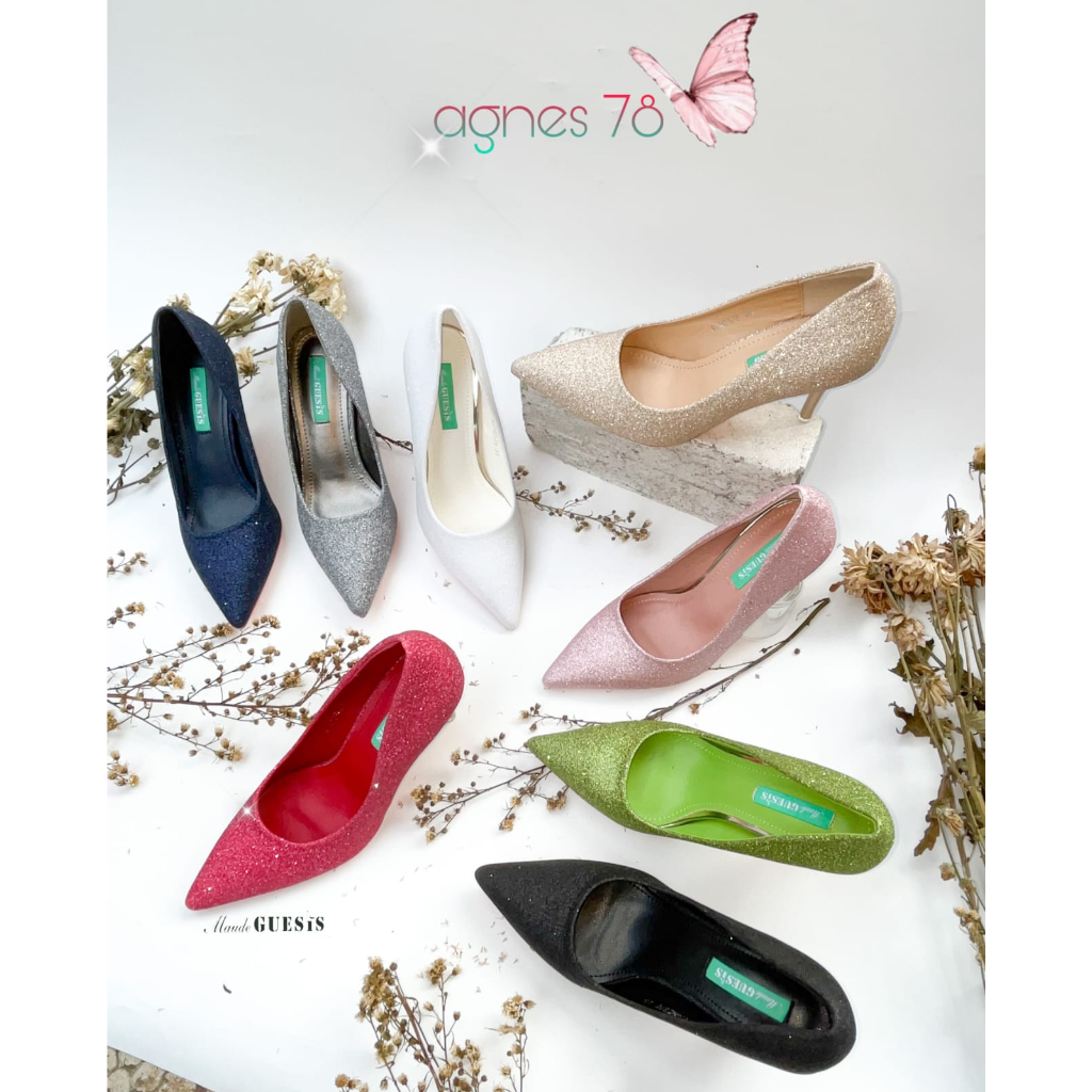 Maude Guesis Agnes78~ Pansus Import Wanita Tinggi Heels 7cm Bahan Gliter
