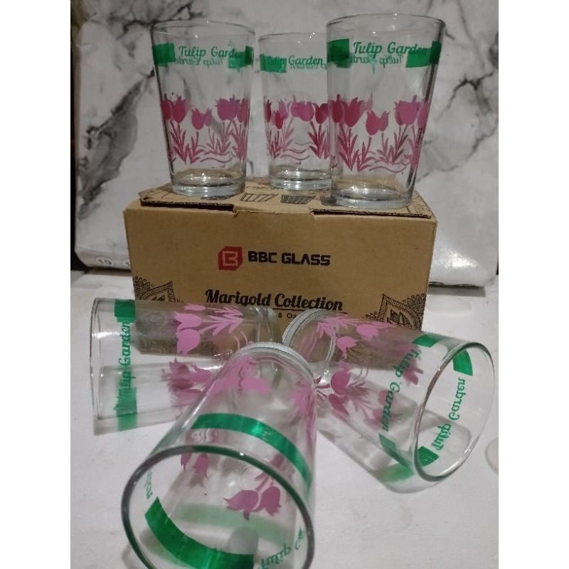 Gelas Air Minum BBC  Motif bunga Tulip Garden Gelas Kaca Gelas 1dus 6pics